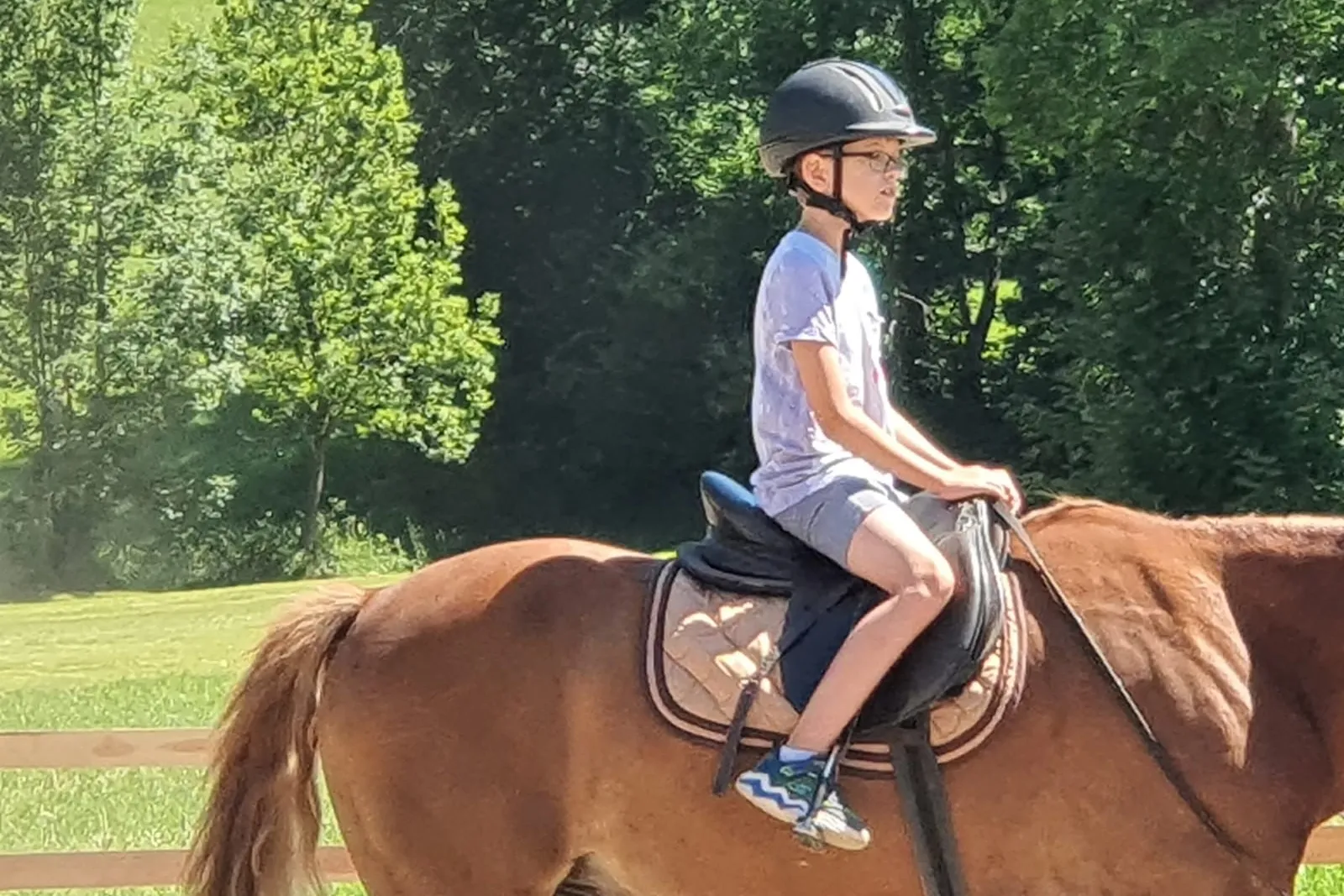 Junge reitet mit Helm auf einem Pferd am Reitplatz